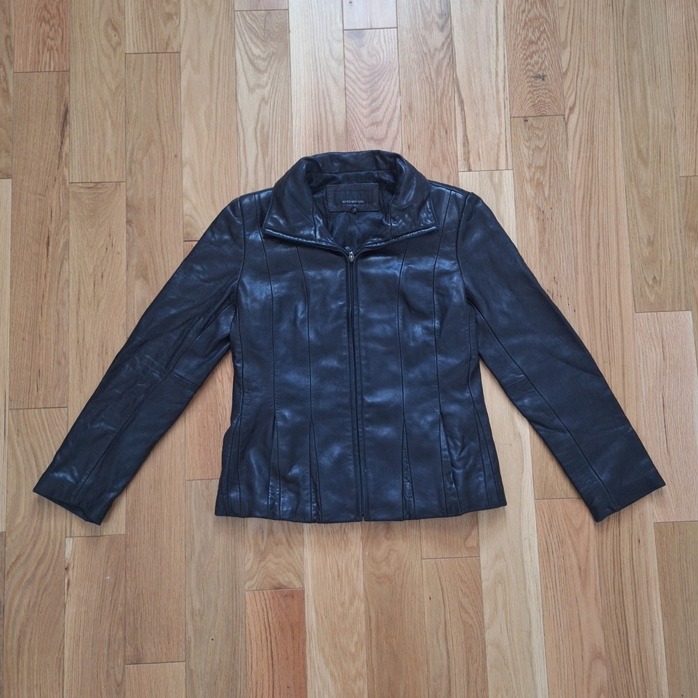 Vintage 90s Black Leather Jacket Womens Medium Full Zip Moto Biker Paneled